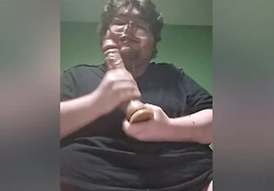 Fat Male In Chastity Sucking A Dildo And Drooling Like A Waterfall
