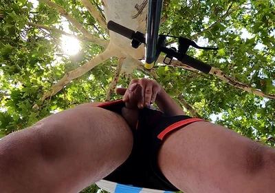 Bulging Young Man Moans with Pleasure in Park Jerking off a Summer Handjob