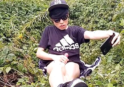 Cute French-asian Gay Twink Jerks Off His Shaved Cock Outside Cums Thick Cum Sticking To His Fingers