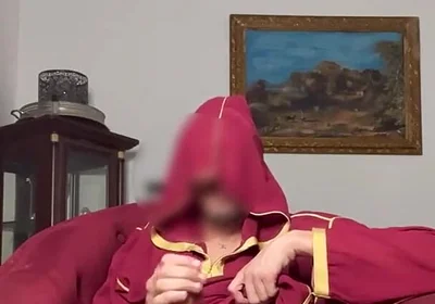 Arab Guy Wearing Jellaba Showing off and Edging His Fat Muslim Dick Before Cumming