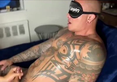 Blind Folded Damian Dragon Masturbates Hard Dick