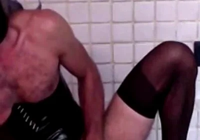 Latex Masked Sissy in Pvc Corset Cums Hard on Stockings and Heels