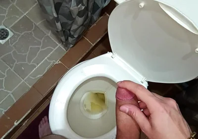 Two Shots of Cum on the Pee in the Bathroom