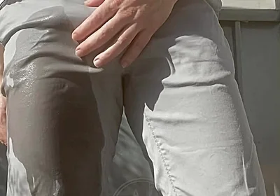 Jules Wets His Grey Pants and Exposes His Semi-hard Cock Through His Trousers