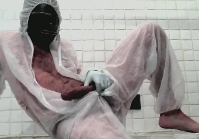 Masked Femboy in Suit Pees Itself and Cums