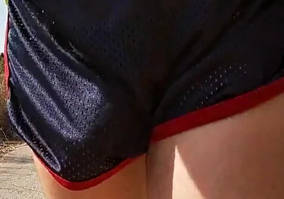 So Hot! Running with My Erect Cock Out Wearing Shiny See Thru Cock Sport Shorts