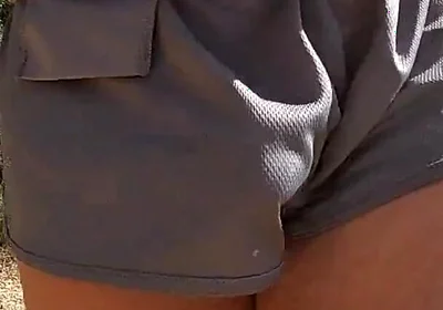 Fit Guy Walks in Short Shorts Without Underwear