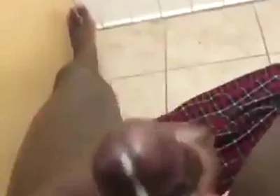 Stroking my big black cock in bathroom massive cumshot