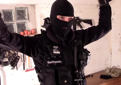 Swat cop cum load on alpha bomberjacket