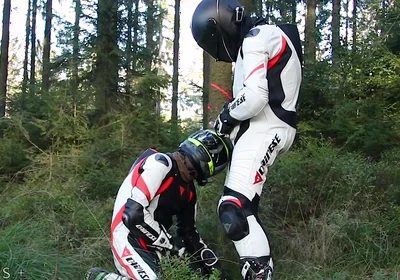 Bikers wank outdoos with cum on helmet