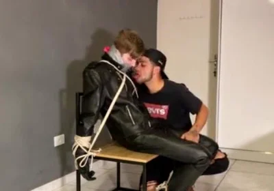 Bound leather boy cum load