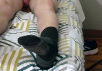 Laying Down on Bed Jerking off with Socks on See My Size 15 and Massive Legs as U