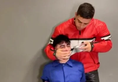 Bound leather biker cum