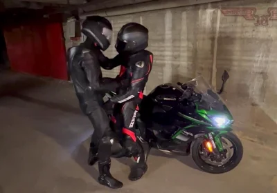 Biker gear gloved leather suit cuming