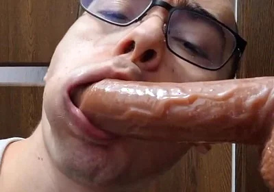 Twink Sucks Stepdaddy's Big Cock and Gets Facial Cum (ejaculating Dildo)