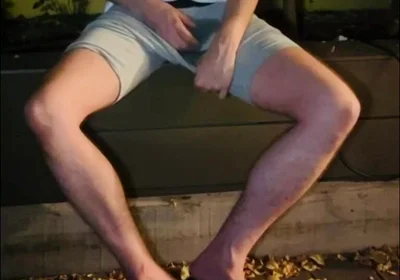 Amateur Twink in Adilette Sandals Wets Himself in the Garden and Takes His Cock Out