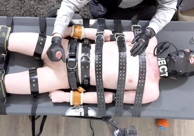 Rubber Twink Strapped Down and Made to Eat His Own Cum