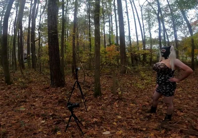 Giant Fake Tits Crossdresser Walk in the Woods Behind the Scenes Photo Shoot