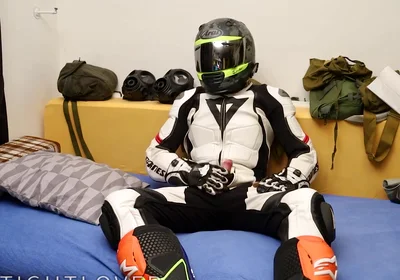 Leather biker cuming in gear