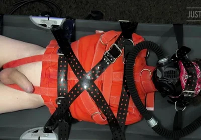 Bondage Twink Strapped to Campbed in Straitjacket and Gas Mask