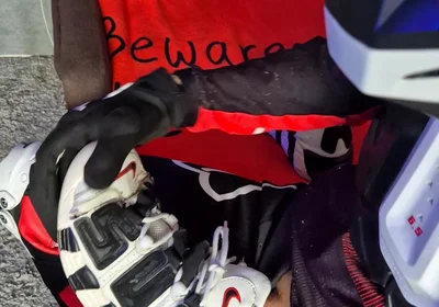 An Excited Guy in Motorcycle Gear Fucks His Sneakers