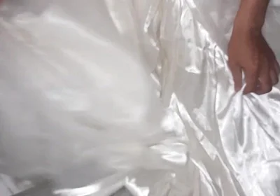 Cum Flows on Satin Wedding Dress