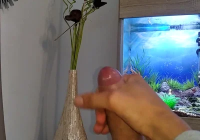 Hot Young Guy Wanks His Nice Big Cock Until He Cums Slowly in Front of the Aquarium
