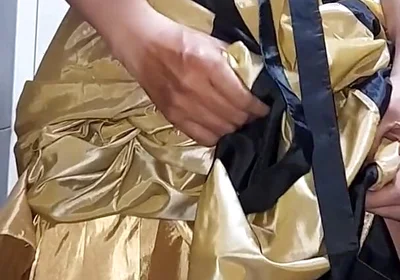 Gold Satin Silk Longdress Evening Gown Masturbation