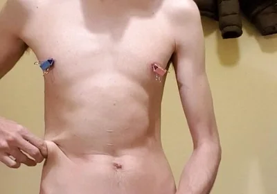 Eat your cum, slave! With binder clips