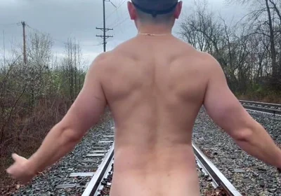 Rain-soaked Railroad Exhibition Muscular Asian Hunk Strips, Flexes, Cums Hard & Marks His Territory