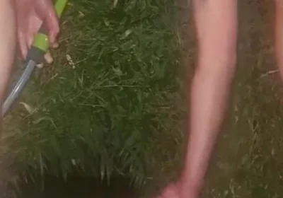 Clean Pressure Enema with Ass Lips and Pissing - Outdoor Garden Hose Anal