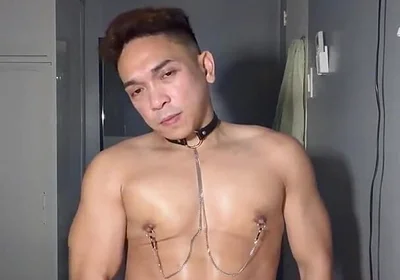 Asian Twink Jerks off with Nipple Clamps for Huge Load
