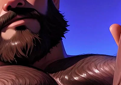 Thick Hairy Bear Stroking Himself Sensually. Man Bun and Massive Body