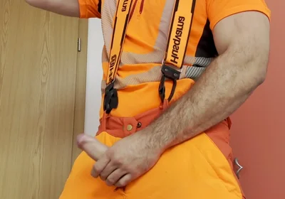 Lumberjack in Hivis Jerks His Huge Cock and Muscle Worship