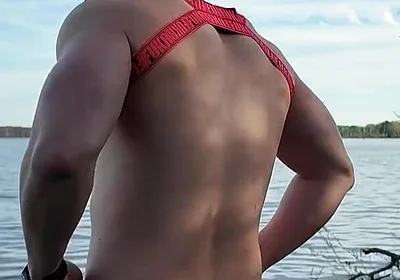 Asian Muscle God Strips Bare by the Lake - Ripped Physique on Full Display & Massive Load