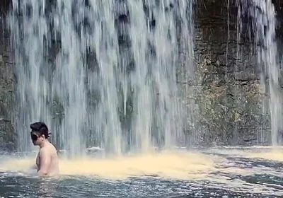 Muscular Asian Hunk Flexes in Speedo by Waterfall - Tight Ass & Hole Tease, Strips Naked & Explodes with Massive Cumshot
