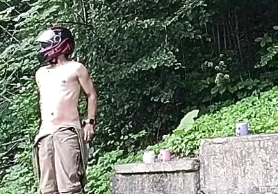 Jerking off in Public on the Road Near a Spring, Caught by a Young Man Masturbating Completely Naked