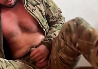 Buff Military Stud Tyler Blake Strokes His Massive Cock in Camo Uniform