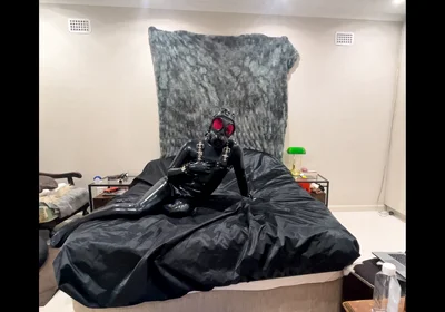 Latex Drone Activation - Gas Mask Transformation in Glossy Black Latex
