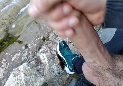 Handsome Gives Perfect Cumshot From Nice Big Hard Cock Spit in Front of River Waterfall