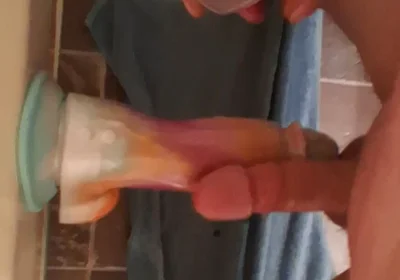 Rubbing Cocks with Huge Vibrating Dildo