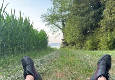 Risky Bwc Stroking Outdoors on Meadow with Lake View - Big Cumshot