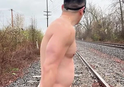 Rain-soaked Asian Muscle God in Jockstrap Bounces Pecs, Shows V-taper & Eats His Massive Load on Train Tracks