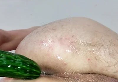 Close Up Cucumber Insertion With Massage Oil And Precum As Lube