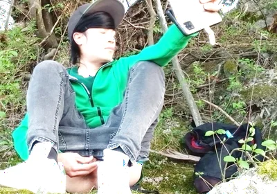 Risky Masturbation Outdoors a Man's Voice Caught This Cute Gay Twink with His Balls Hanging Out, Jerking off His Uncut Foreskin