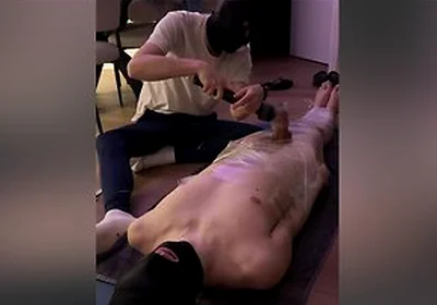 Submissive Cute Boy Wrapped, Milked First Time