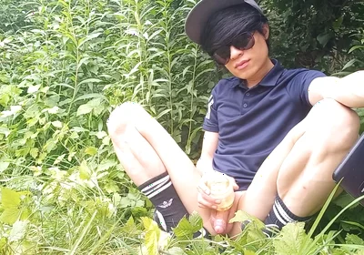 Gay Twink Jon Arteen Jerks off His Cock with an Oiled Fleshlight Outside in the Wilderness, His Cock Leaks Precum and Ejaculates