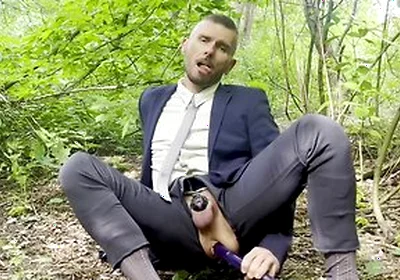Suited Gentleman Is Spreading Legs Like Slut And Plays With His Malepussy With Locked Dick With Power Bottom