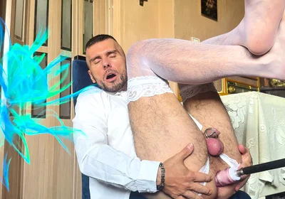 Transformation of the Groom in Suit and Tie to the Sissy Bride in White Stockings