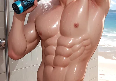 Soft Kawaii Boy in Beach Shower with Pastel Pink Hair
